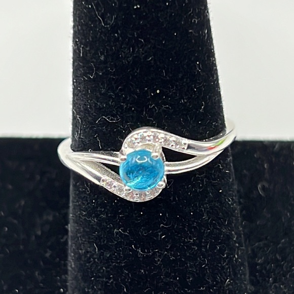 NEON BLUE APATITE, CZ, AND STERLING SILVER RING SIZE 9 - Picture 2 of 12